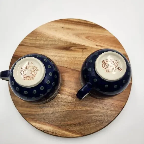 Pair Boleslawiec Polish Pottery Mugs Hand Made Cobalt Blue Greek Key Dot READ - Picture 7 of 10